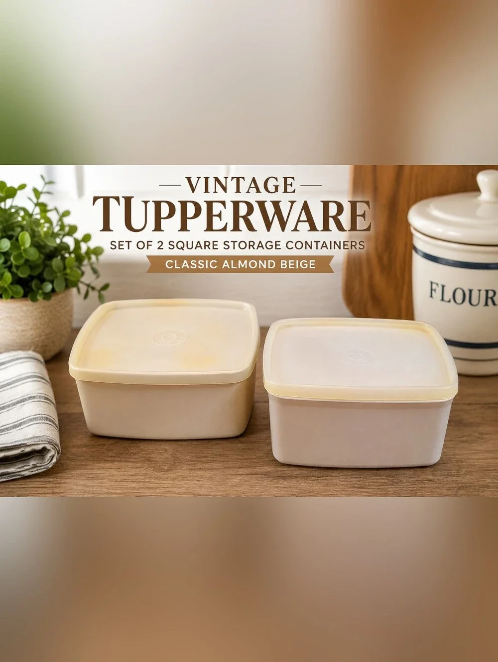 Vintage Tupperware Set of 2 Square Storage Containers with Lids Almond Beige